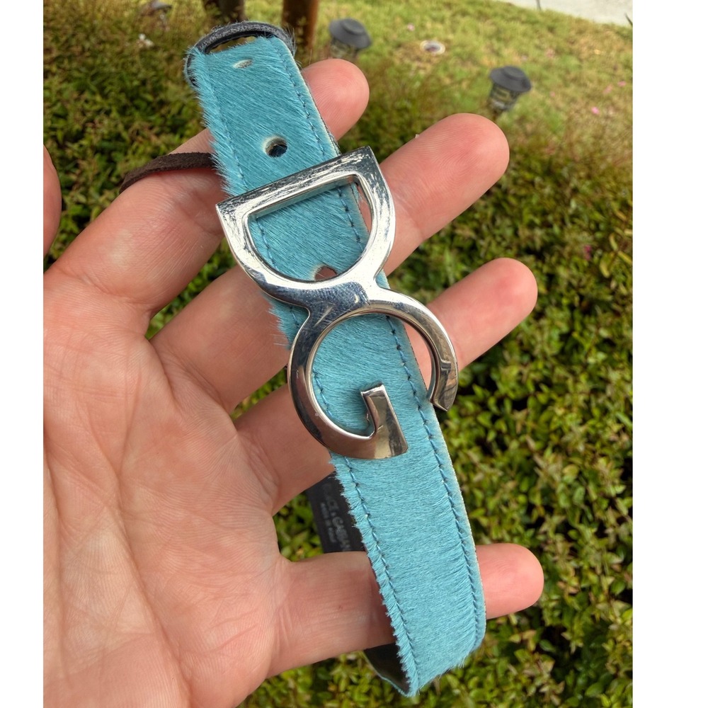 Vintage Dolce & Gabbana Blue Pony Hair DG Logo Buckle Belt Size 40/70 Y2K